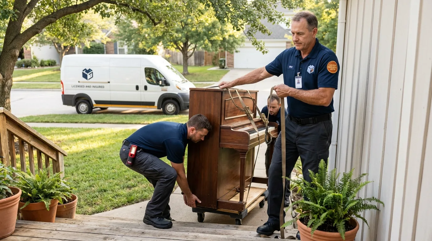 Licensed piano movers securing grand piano in Galion, OH