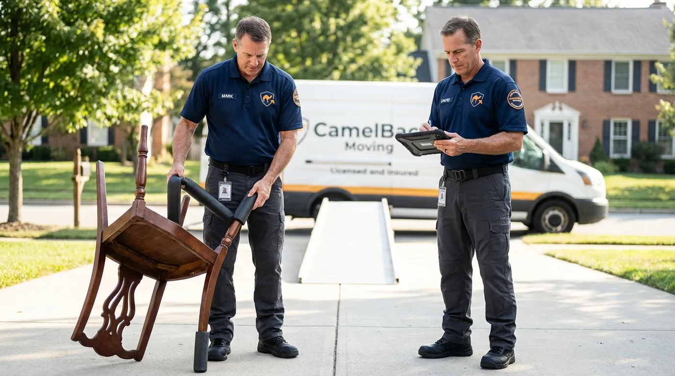 Movers inspecting furniture for damage prevention before loading in Galion, OH