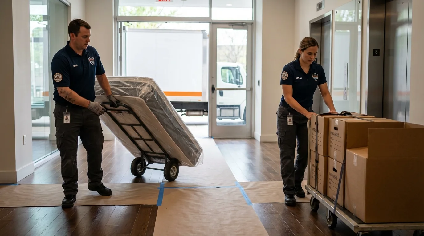 Professional apartment movers loading elevator in Galion, OH