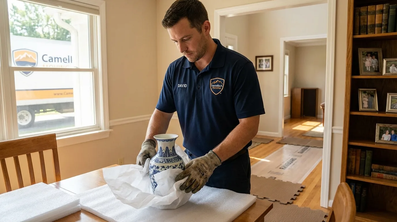 Professional crew carefully wrapping antique vase for senior downsizing move in Galion, OH